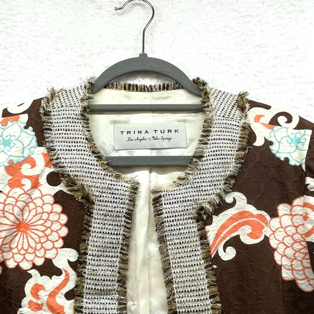 Trina Turk Jacket Womens 8 Brown Orange Floral Blazer Wool Open Lined Career - Picture 3 of 11